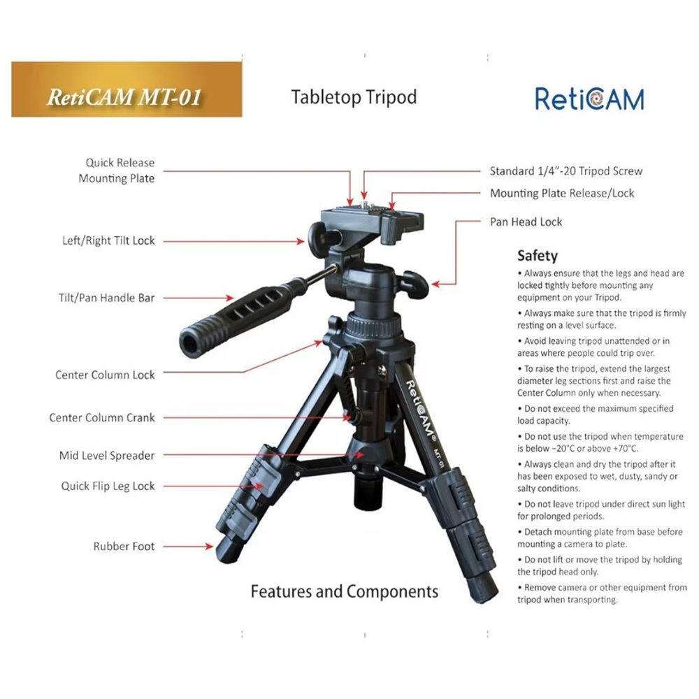 abletop Tripod with 3-Way Pan/Tilt Head, Quick Release Plate Black